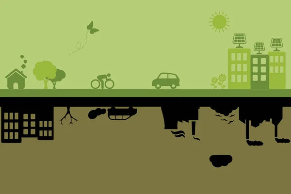 Città verdi sostenibili e inquinate — Vettoriale Stock