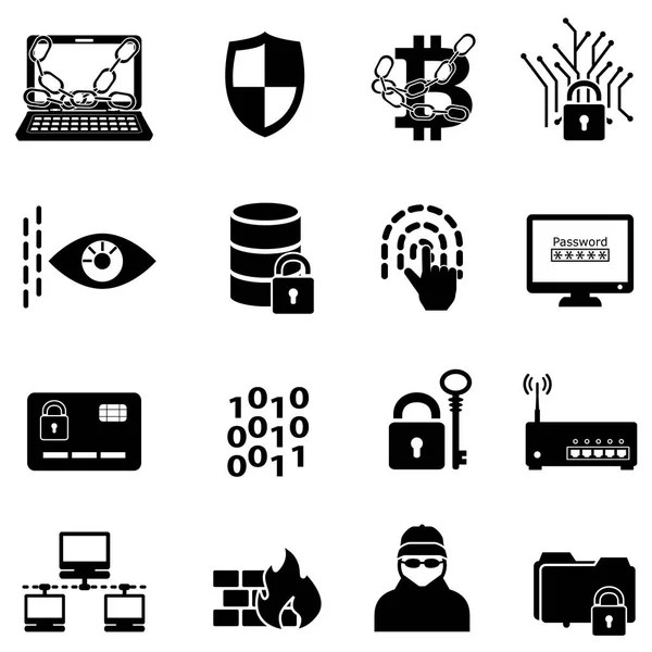 Cybersäkerhet, dataskydd, hacker och kryptering web ikoner — Stock vektor