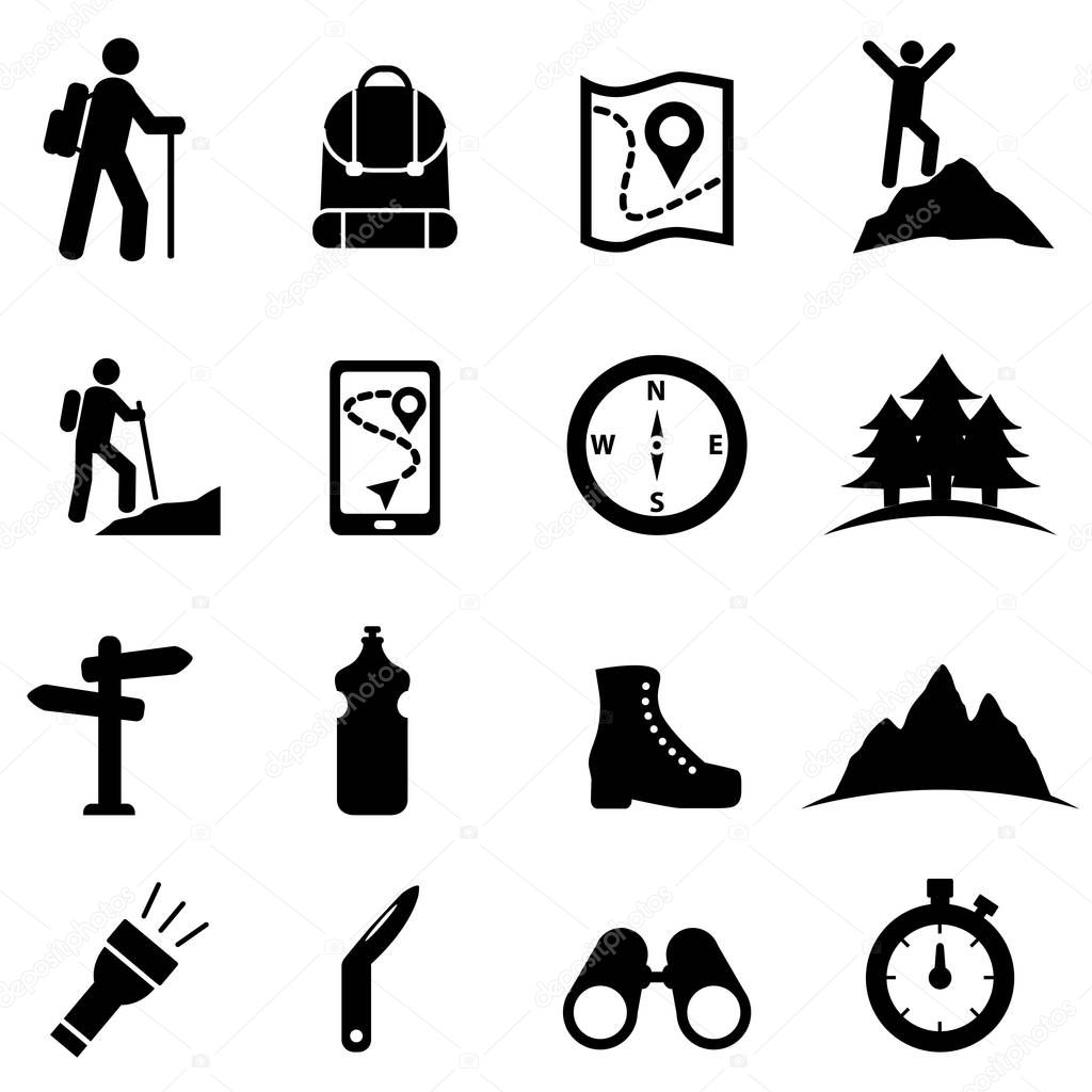 Hiking, recreation and leisure icon set