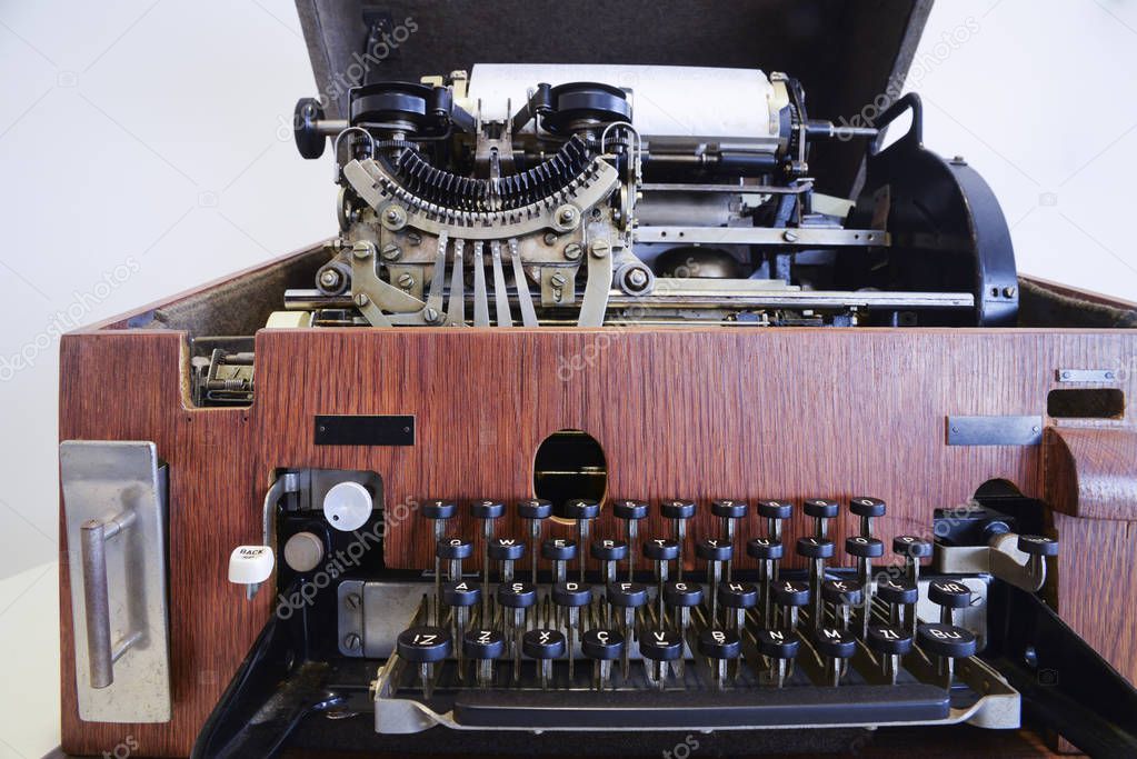 Antique typewriter/telex machine build in wooden box