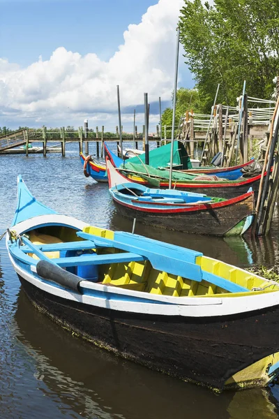 Anciens bateaux traditionnels des pêcheurs nomades Avieiros ancrés dans un port en bois, du Tage à Escaroupim, Portugal — Photo