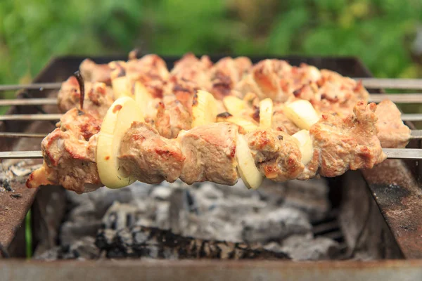 生の肉や串に刺した玉ねぎを炭で焼いています。 — ストック写真