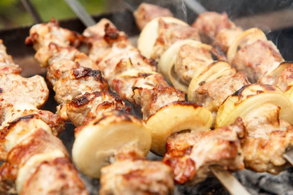 Mięso i cebulę na szaszłyki są grillowania na węgiel drzewny — Zdjęcie stockowe