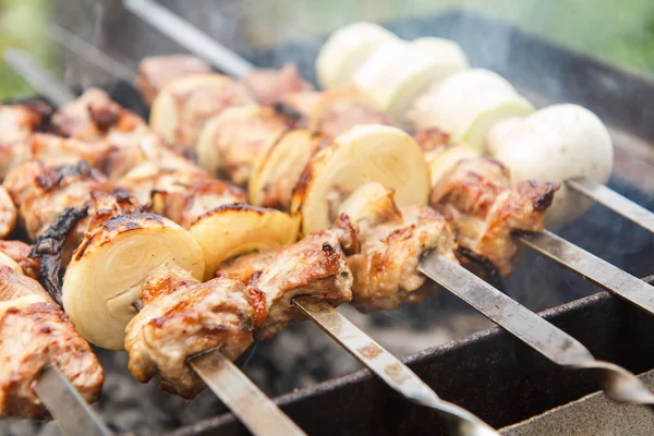 Vlees en uien op spiesjes, courgette en champignons op Spies ar — Stockfoto