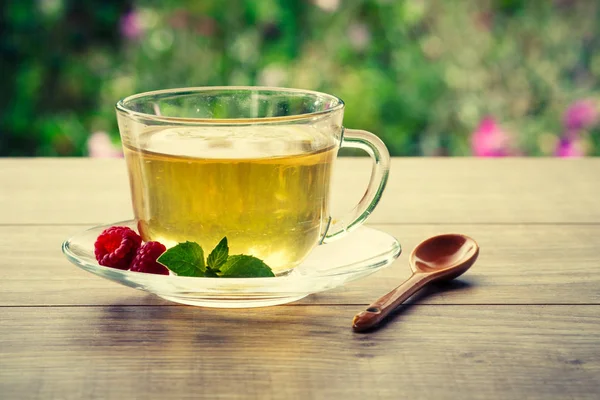 Cam bardak yeşil çay ile dilim limon, nane, fres bırakır