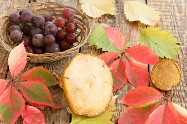 Mantar ile sonbahar natürmort, hasır sepet, Yeşil üzüm