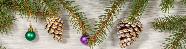 Натуральные ветви елки с рождественским орнаментом на сером лесу — стоковое фото