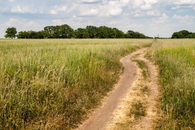 O ve bulutlu mavi ile toprak yol ve yeşil alan
