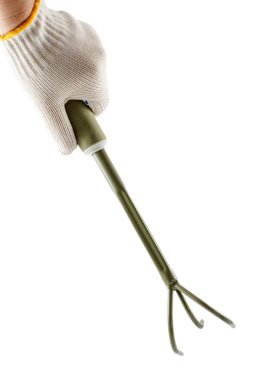 Beyaz izole bir eldiven giymiş elinde küçük Bahçesi komisyon 