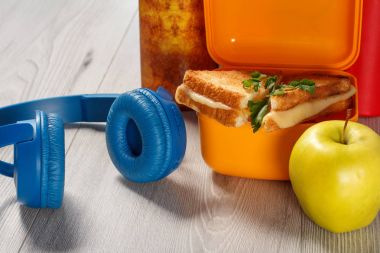 Tost dilim ekmek, peynir ve gre kutusuyla sarı sandviç