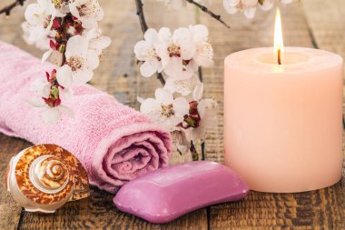 Banyo yordamları, deniz kabuğu ve yazma için havlu ile sabun 