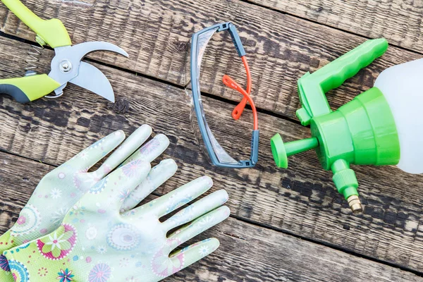 Обрезка, распылитель давления, садовые перчатки и защитные очки — стоковое фото