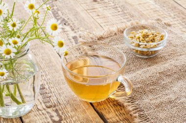 Cam kavanozda beyaz papatya çiçekleri olan bir bardak yeşil çay..