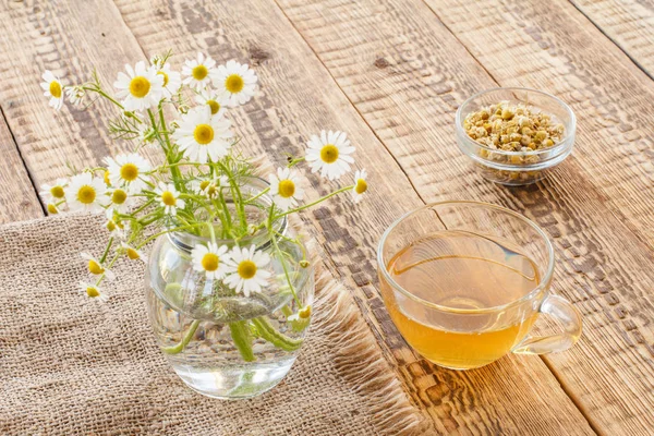 Coupe en verre de thé vert avec des fleurs de camomille blanche dans un bocal en verre . — Photo