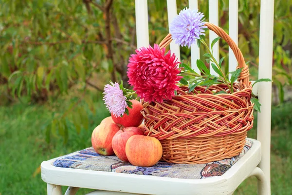 Manzanas y canasta de mimbre con flores en una silla blanca en el jardín . — Foto de Stock