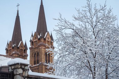 Mavi gökyüzü arka planında ağaçları olan Roma Katolik Kilisesi