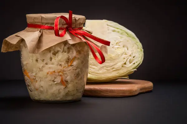 Homemade Fermented Cabbage Glass Jar Black Background Fresh Head Cabbage — Stock Photo, Image