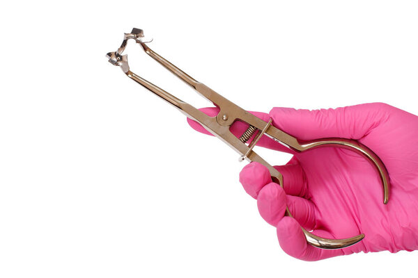 Dentist's hand in a pink latex glove with dental tongs and clasp on white isolated background. Medical tools concept.