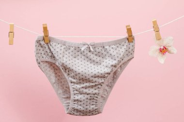 Çamaşır ipinde gri külotlar, mandallar ve pembe arka planda orkide çiçekleri. Kadın iç çamaşırı.
