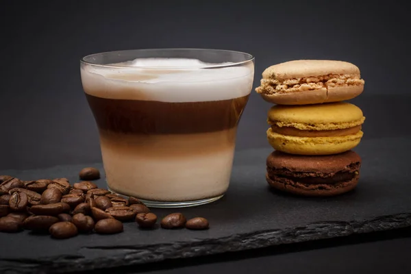 Cup Cappuccino Coffee Beans Macaroons Black Background — 스톡 사진