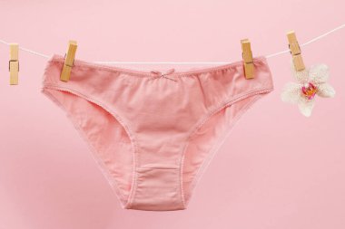 Çamaşır ipinde çamaşır mandalları ve pembe arka planda orkide çiçeğiyle cezbedici iç çamaşırları. Kadın iç çamaşırı.