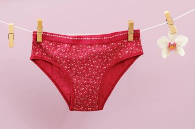 Çamaşır ipinde yeni kırmızı kadın külotu. Çamaşır mandalları ve leylak arka planda orkide çiçeği. Kadın pamuklu iç çamaşırı.