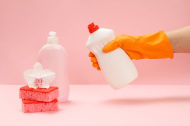 Pembe arka planda bir şişe bulaşık deterjanı olan lastik koruyucu eldivenli bir kadın eli. Yıkama ve temizlik konsepti.