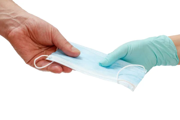 Female Doctor Latex Glove Giving Patient Medical Protective Mask White — Stock Photo, Image