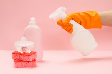 Plastik bir şişe bulaşık deterjanı, süngerler ve pembe arka planda cam ve fayans temizleyicisi tutan kauçuk eldivenli bir el. Yıkama ve temizleme seti.