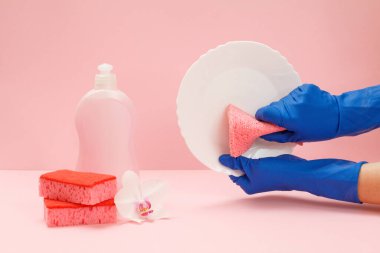 Beyaz plaka, sünger, bir şişe bulaşık deterjanı ve pembe arka planda süngerler olan kauçuk koruyucu eldivenli kadın elleri. Yıkama ve temizlik konsepti.