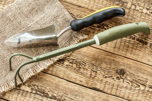 Handhark Schep Zak Oude Houten Planken Bovenaanzicht — Stockfoto