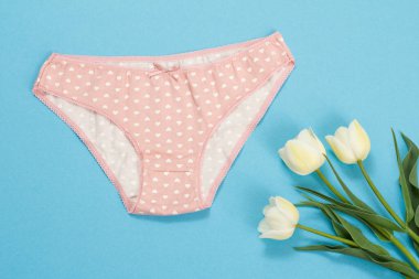 Mavi arka planda lale çiçekleri olan pamuk külotlar. Kadın iç çamaşırı seti. Üst görünüm.