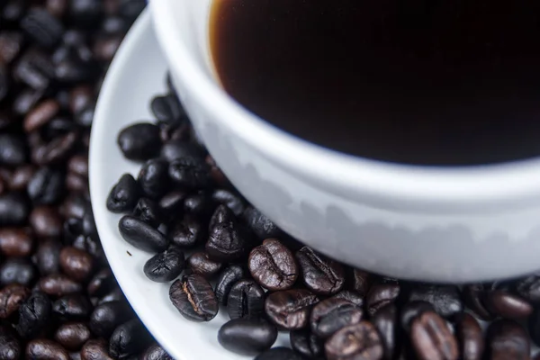 Makro kahve çekirdeği üzerinde beyaz tabak.