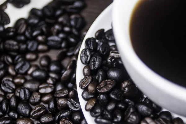 Makro kahve çekirdeği üzerinde beyaz tabak.