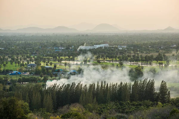Arazi ve orman ve günbatımı duman. 