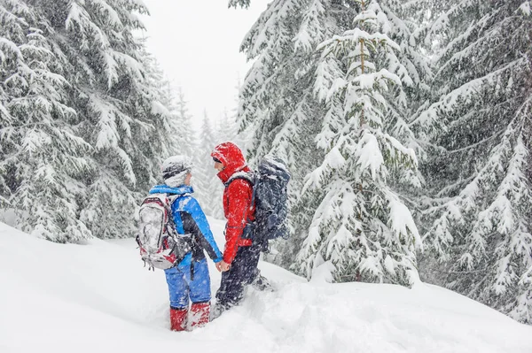 Caminhadas de casal nas montanhas nevadas — Fotografia de Stock