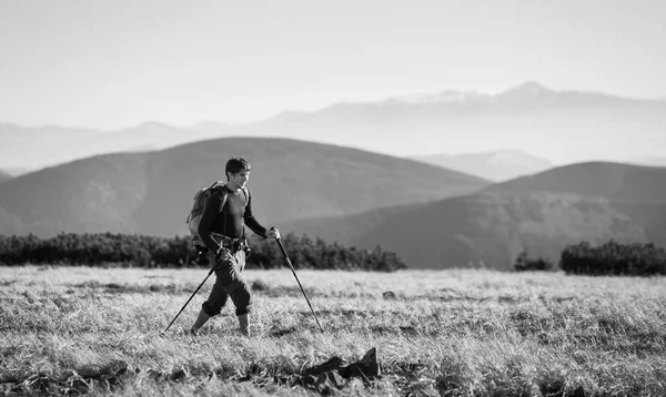 Mochilero caminando en plato de la montaña con bastones de trekking —  Fotos de Stock