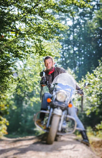 Велосипедист веде свій крейсерський мотоцикл на дорозі в лісі — стокове фото