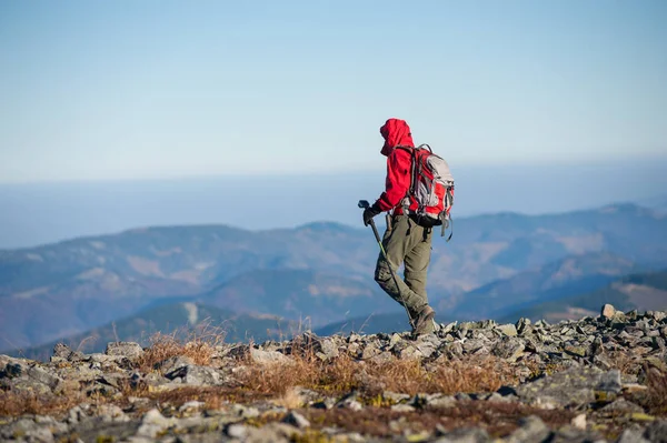 Мужчина-турист, идущий по скалистой вершине горы — стоковое фото