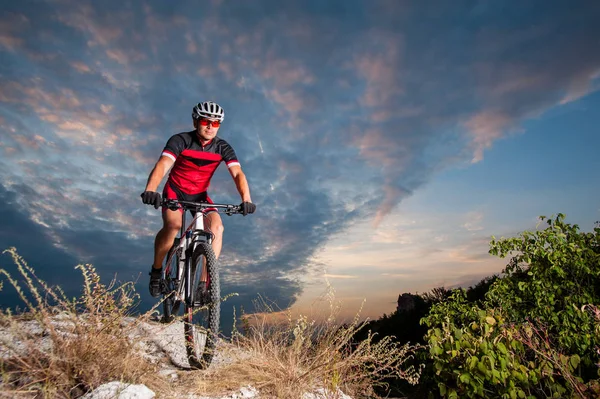 自行车骑手，山地自行车比赛下坡的性质 — 图库照片