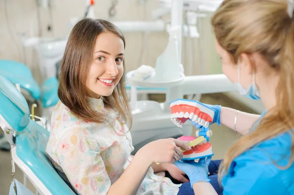 Zahnarzt zeigt Patientin in Zahnarztpraxis Kiefermodell — Stockfoto