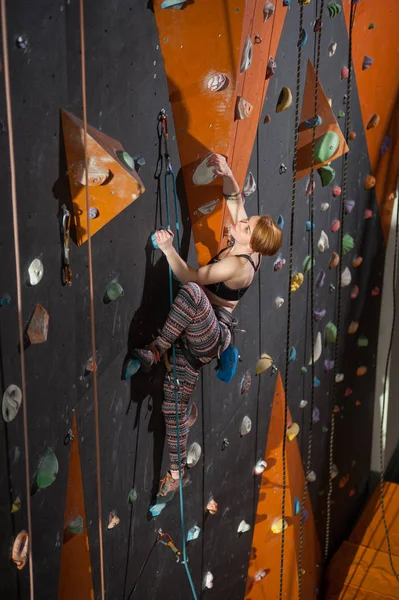 Mulher alpinista está subindo na parede interior de escalada — Fotografia de Stock