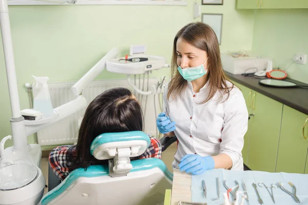 Odontóloga que trabaja en clínica dental con paciente femenina —  Fotos de Stock