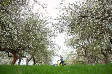 Küçük çocuk binicilik bisiklet bahar bahçe