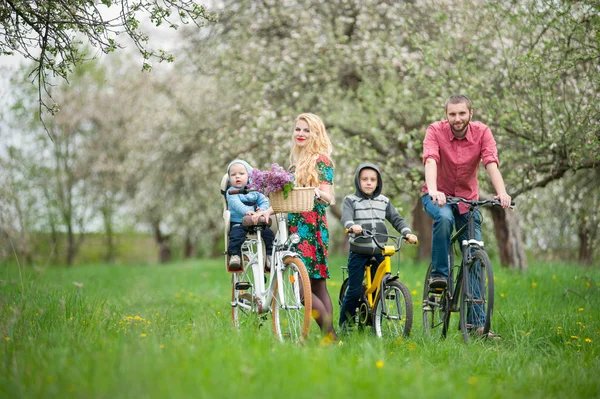 Счастливая семья на велосипедах в весеннем саду — стоковое фото