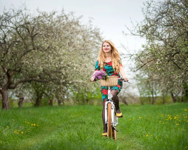 여자 타고 빈티지 화이트 자전거 꽃 바구니 — 스톡 사진