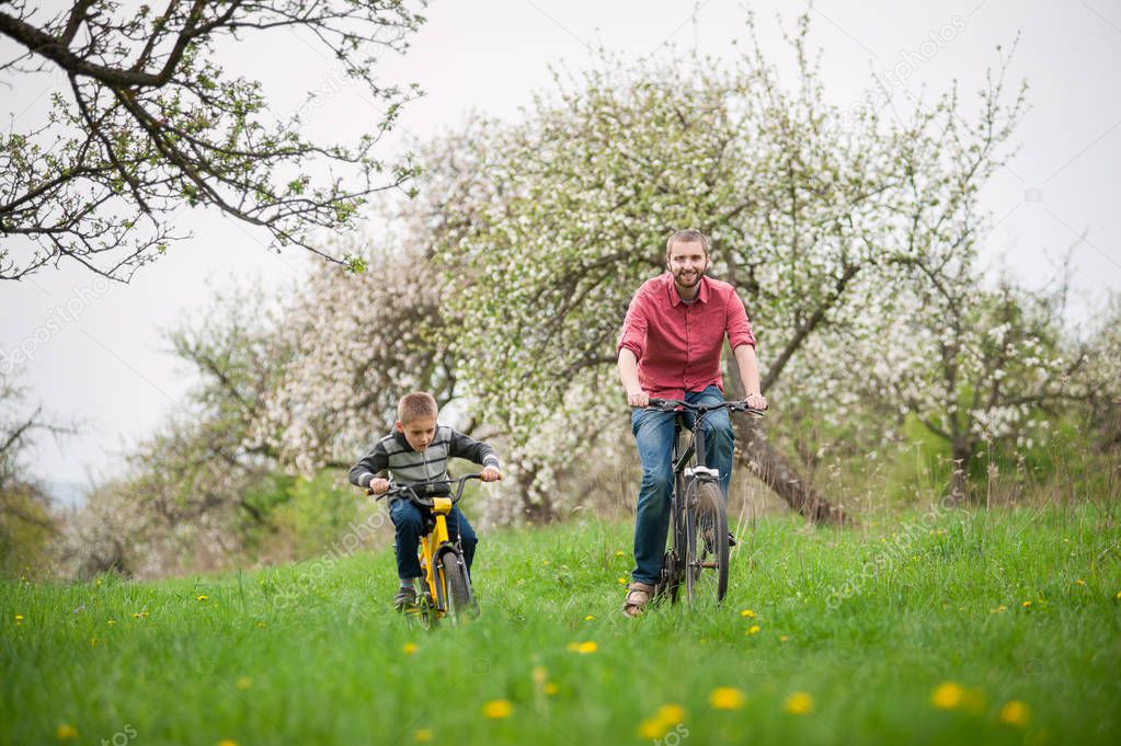 Father and son ride bicycles in the spring garden
