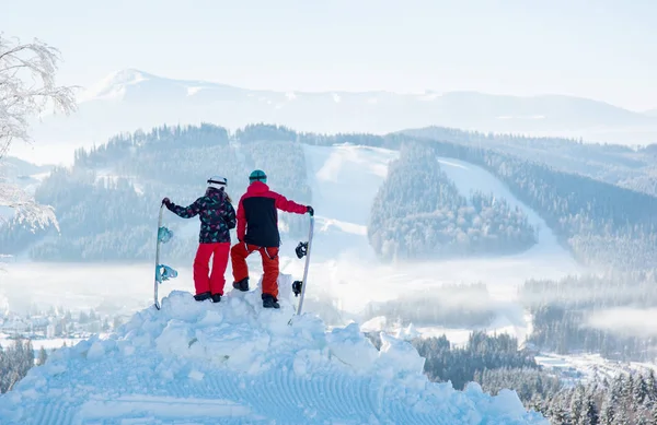 bir dağın tepesinde snowboard