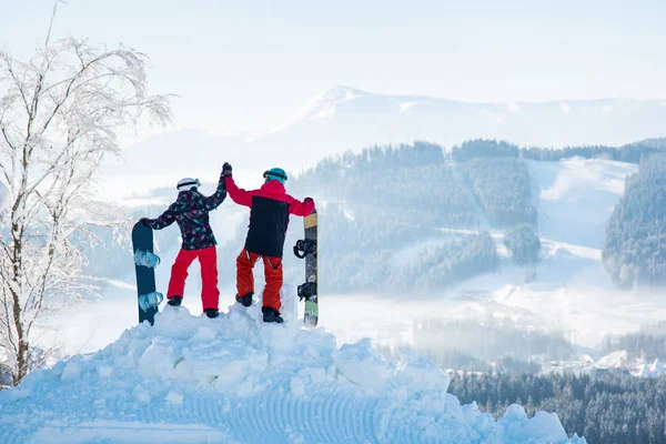 bir dağın tepesinde snowboard