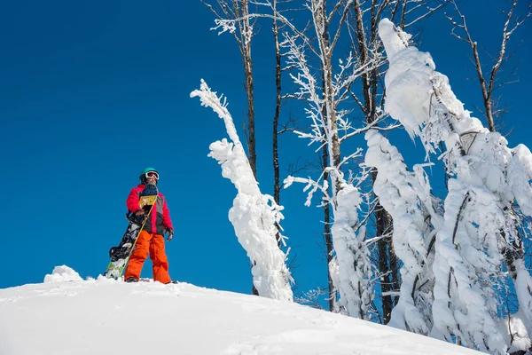 Snowboarder em pé no topo da montanha — Fotografia de Stock